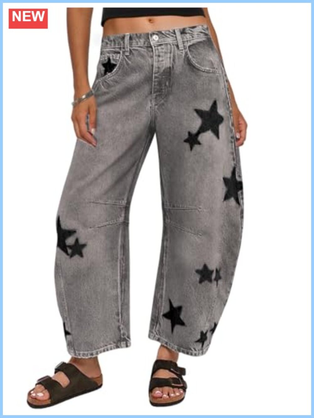 Wide Leg Baggy Barrel Jeans Mid Rise Boyfriend Distressed Horseshoe Denim Pants